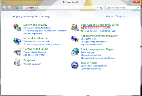 Windows 8 Control Panel, Add or Remove User Accounts